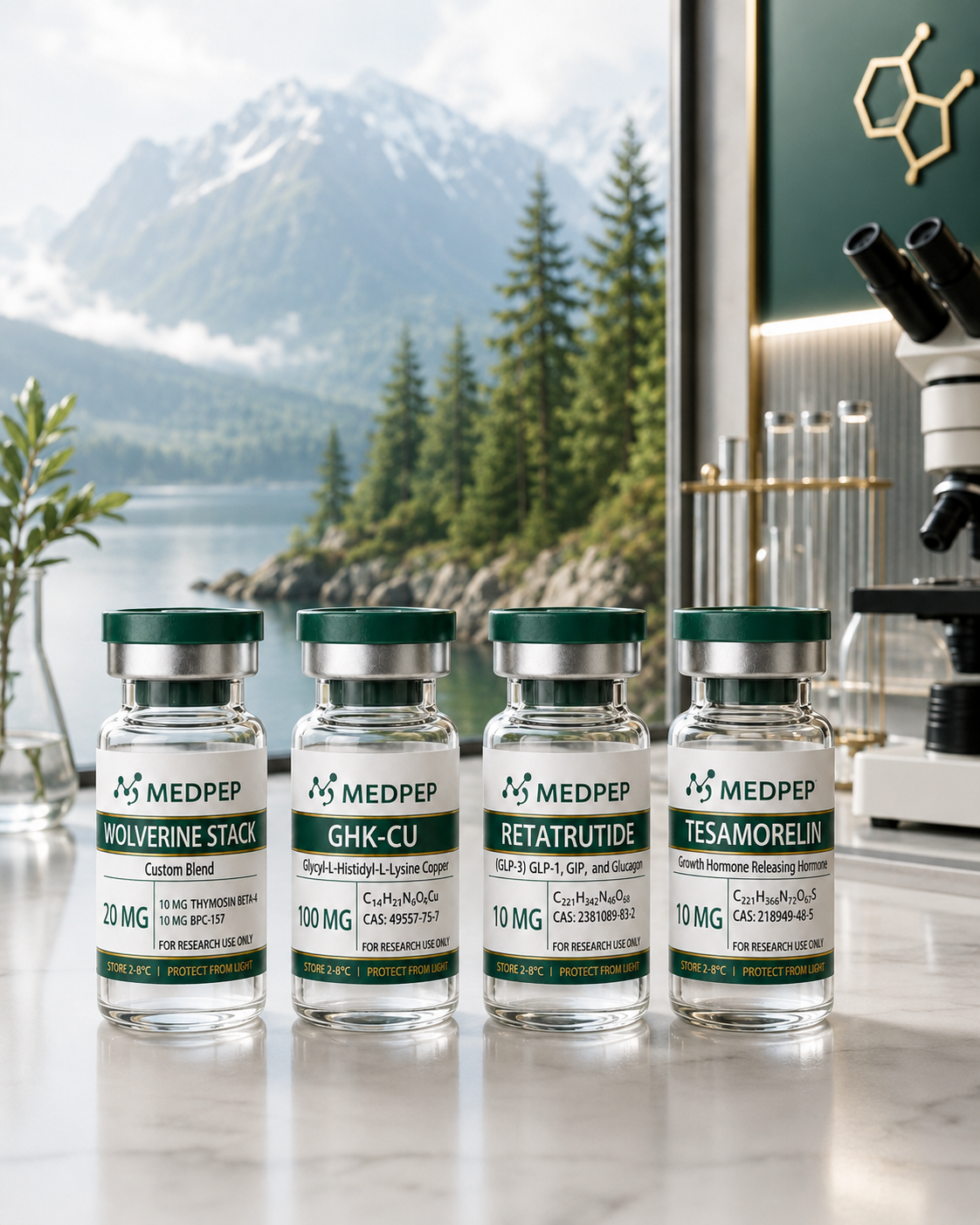 MEDPEP research products in a Canadian laboratory overlooking a British Columbia landscape
